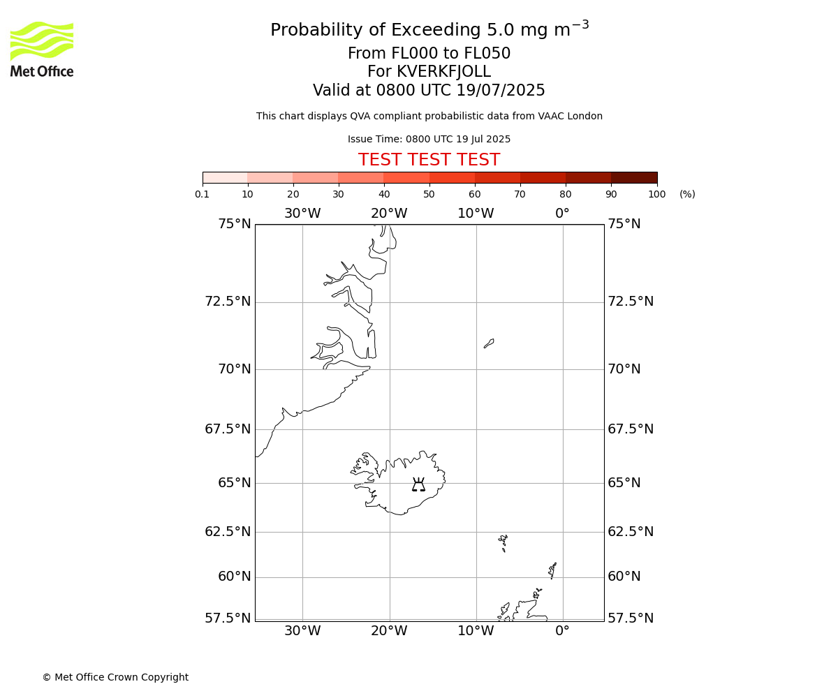 Probability of exceeding 5.0 milligrams per metre cubed. From 000 to 050 for KVERKFJOLL. Valid at 0800 UTC 19/07/2025