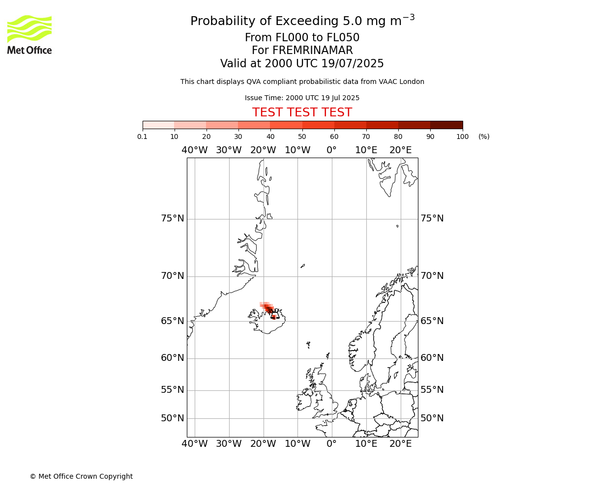 Probability of exceeding 5.0 milligrams per metre cubed. From 000 to 050 for FREMRINAMAR. Valid at 2000 UTC 19/07/2025