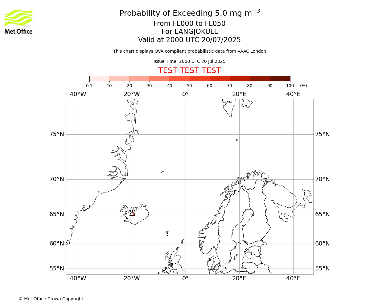 Probability of exceeding 5.0 milligrams per metre cubed. From 000 to 050 for LANGJOKULL. Valid at 2000 UTC 20/07/2025