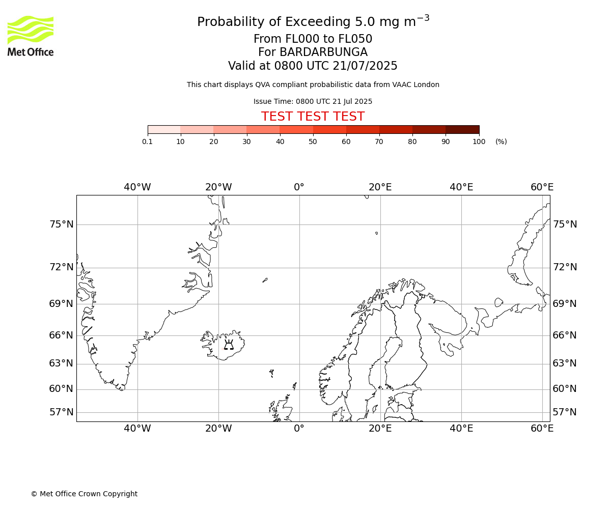 Probability of exceeding 5.0 milligrams per metre cubed. From 000 to 050 for BARDARBUNGA. Valid at 0800 UTC 21/07/2025