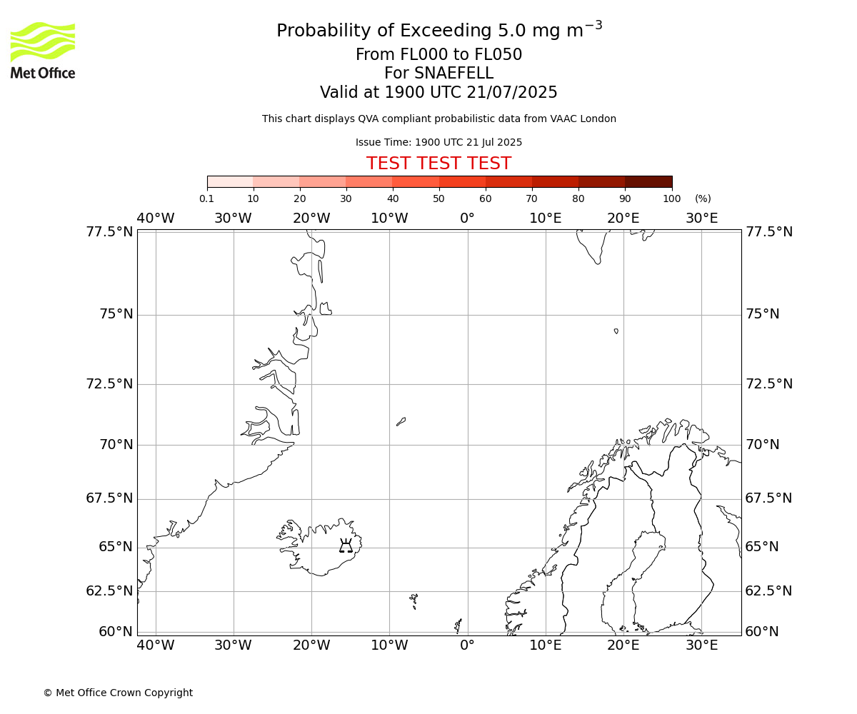 Probability of exceeding 5.0 milligrams per metre cubed. From 000 to 050 for SNAEFELL. Valid at 1900 UTC 21/07/2025