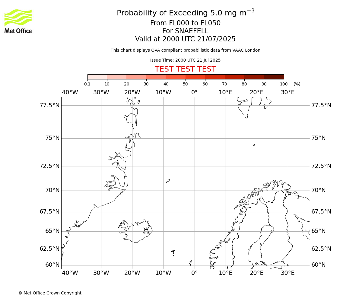 Probability of exceeding 5.0 milligrams per metre cubed. From 000 to 050 for SNAEFELL. Valid at 2000 UTC 21/07/2025