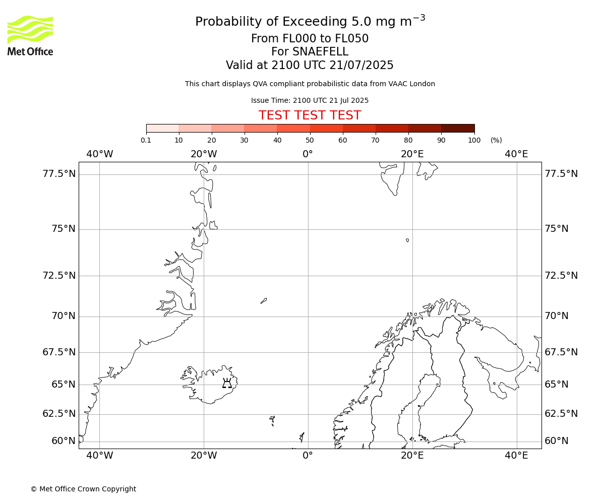 Probability of exceeding 5.0 milligrams per metre cubed. From 000 to 050 for SNAEFELL. Valid at 2100 UTC 21/07/2025