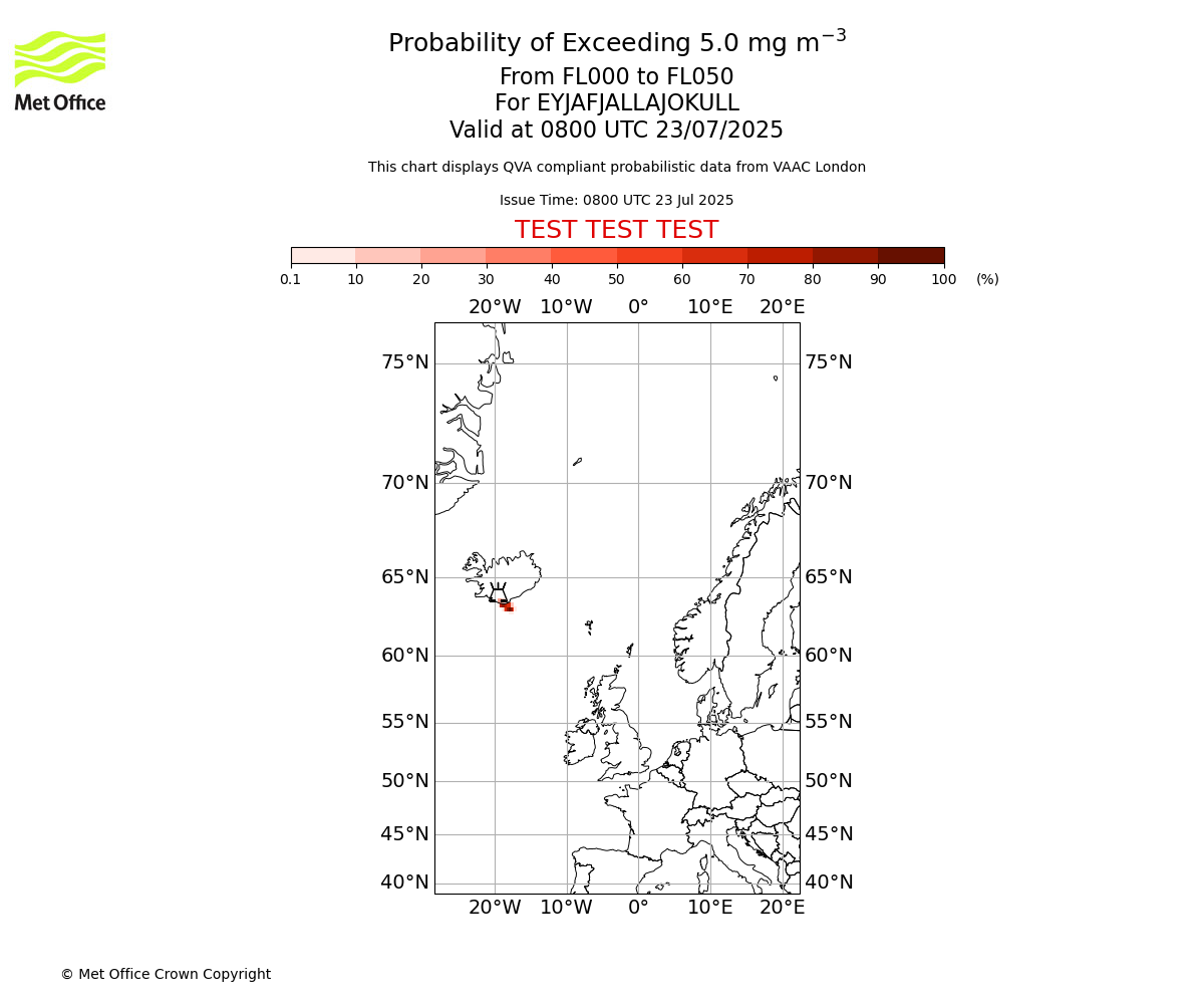 Probability of exceeding 5.0 milligrams per metre cubed. From 000 to 050 for EYJAFJALLAJOKULL. Valid at 0800 UTC 23/07/2025