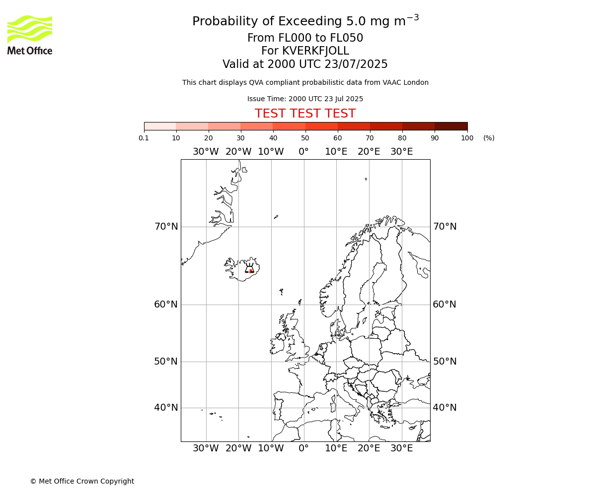 Probability of exceeding 5.0 milligrams per metre cubed. From 000 to 050 for KVERKFJOLL. Valid at 2000 UTC 23/07/2025