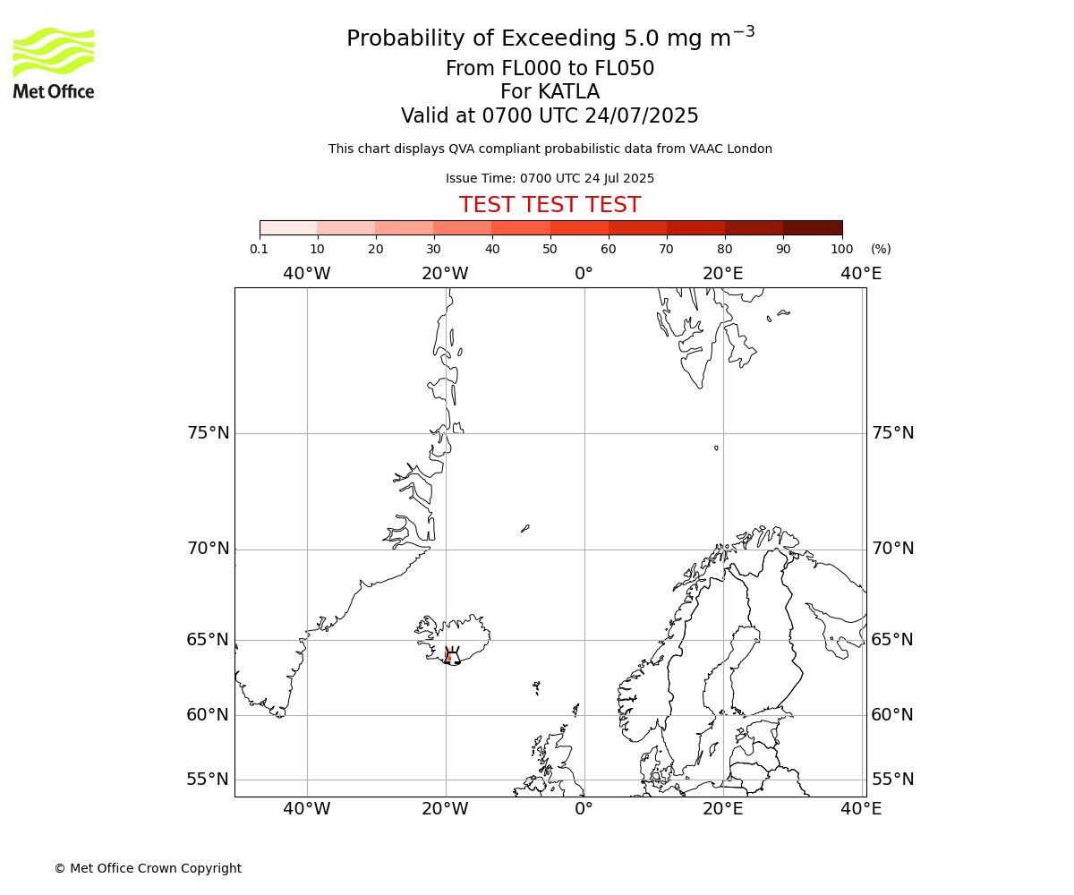 Probability of exceeding 5.0 milligrams per metre cubed. From 000 to 050 for KATLA. Valid at 0700 UTC 24/07/2025