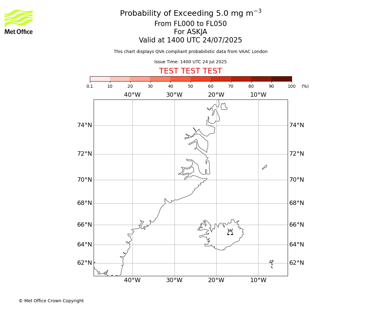 Probability of exceeding 5.0 milligrams per metre cubed. From 000 to 050 for ASKJA. Valid at 1400 UTC 24/07/2025