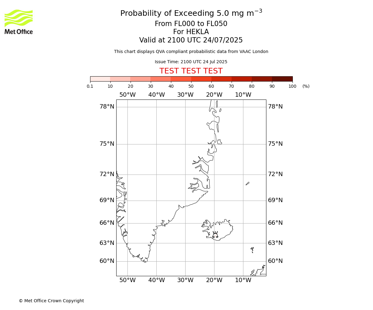 Probability of exceeding 5.0 milligrams per metre cubed. From 000 to 050 for HEKLA. Valid at 2100 UTC 24/07/2025