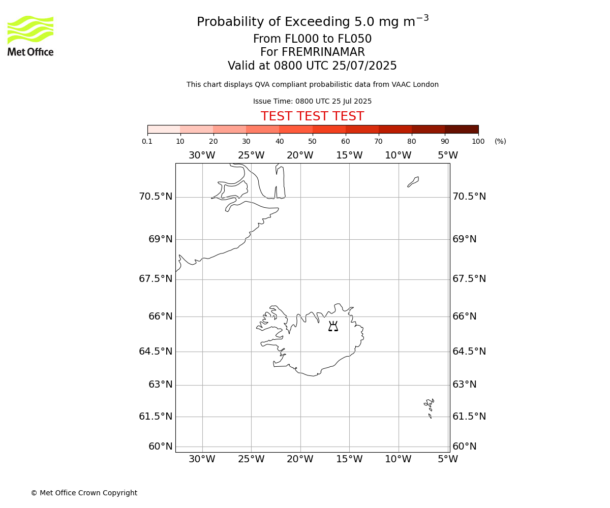 Probability of exceeding 5.0 milligrams per metre cubed. From 000 to 050 for FREMRINAMAR. Valid at 0800 UTC 25/07/2025