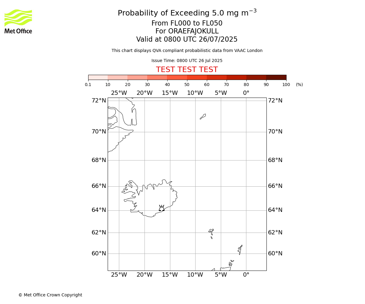 Probability of exceeding 5.0 milligrams per metre cubed. From 000 to 050 for ORAEFAJOKULL. Valid at 0800 UTC 26/07/2025