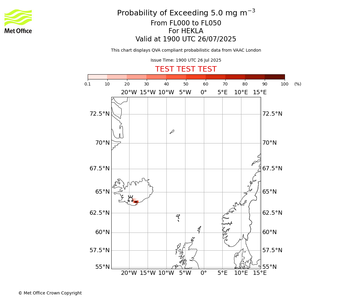 Probability of exceeding 5.0 milligrams per metre cubed. From 000 to 050 for HEKLA. Valid at 1900 UTC 26/07/2025