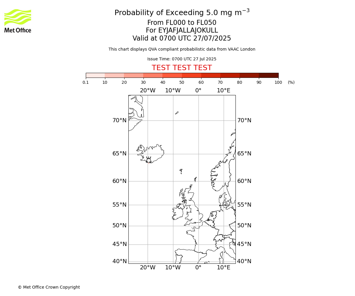 Probability of exceeding 5.0 milligrams per metre cubed. From 000 to 050 for EYJAFJALLAJOKULL. Valid at 0700 UTC 27/07/2025