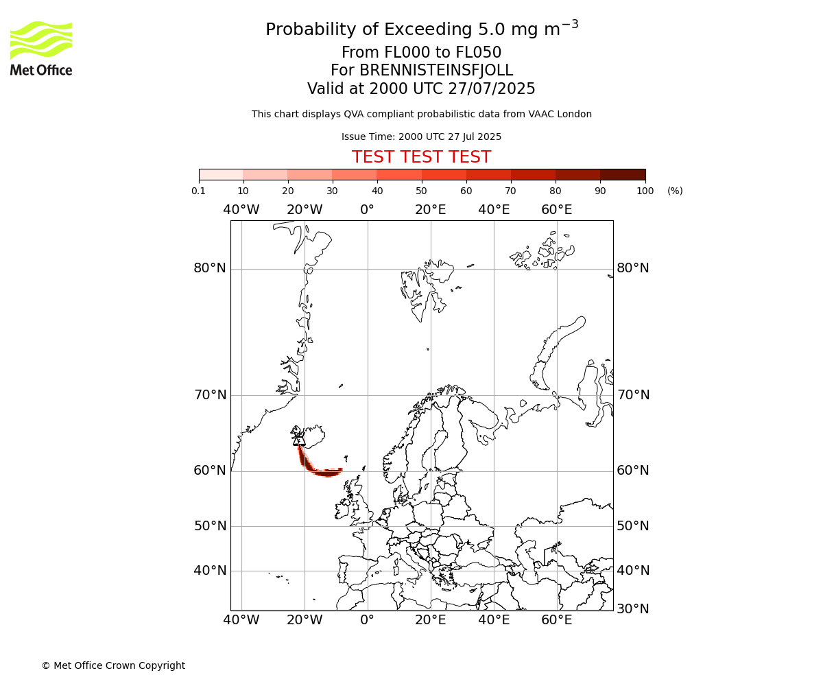 Probability of exceeding 5.0 milligrams per metre cubed. From 000 to 050 for BRENNISTEINSFJOLL. Valid at 2000 UTC 27/07/2025