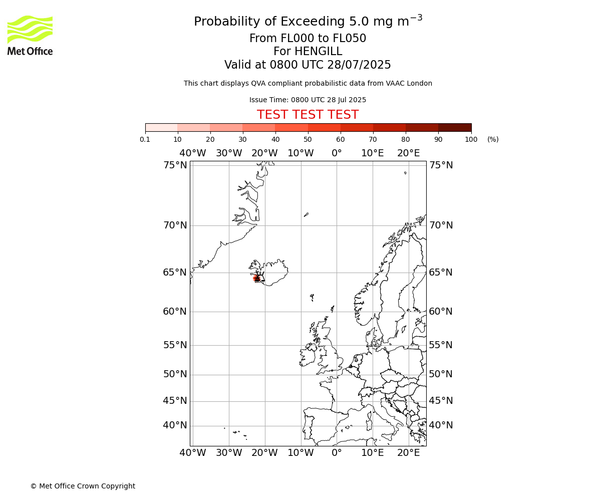 Probability of exceeding 5.0 milligrams per metre cubed. From 000 to 050 for HENGILL. Valid at 0800 UTC 28/07/2025