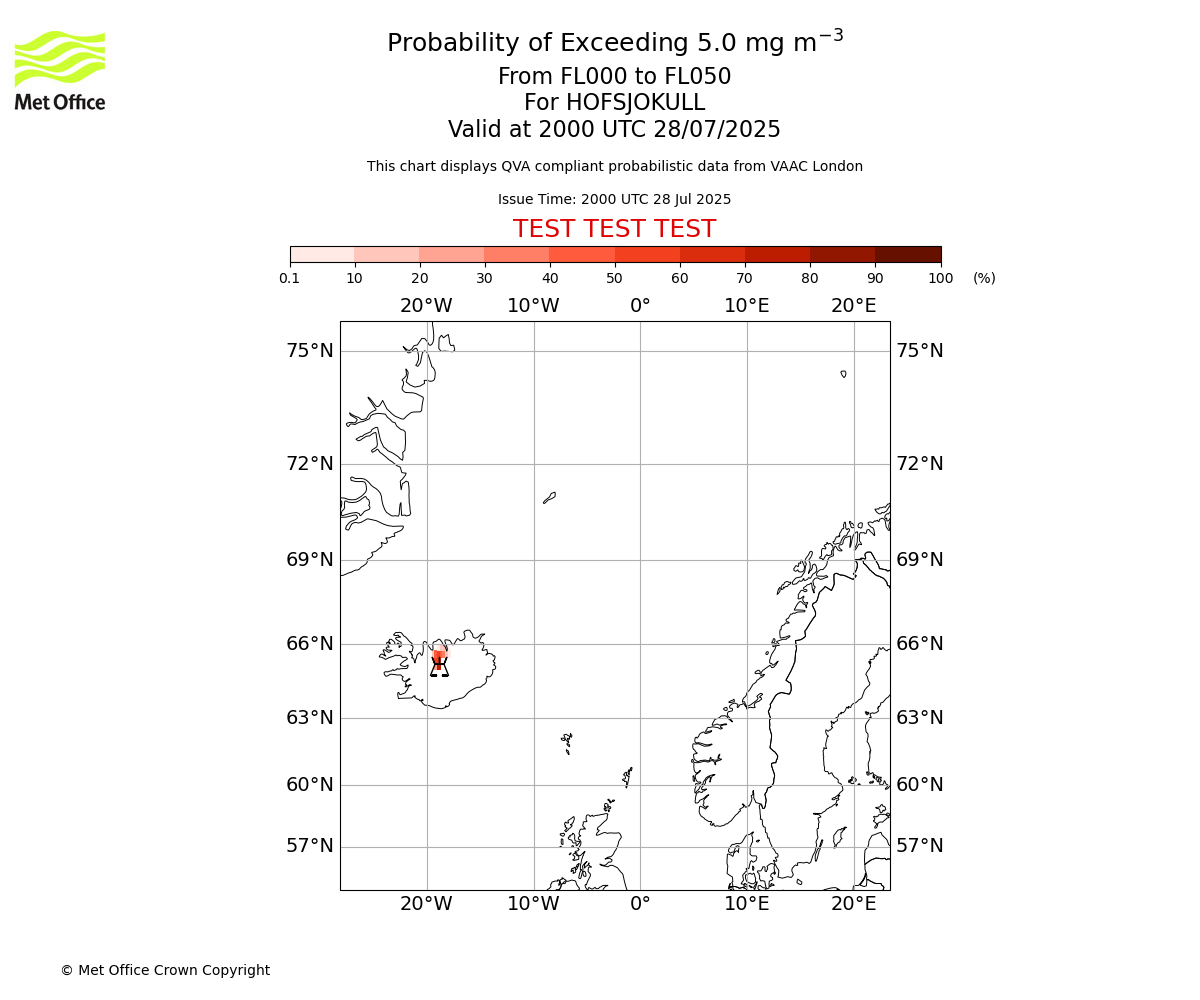 Probability of exceeding 5.0 milligrams per metre cubed. From 000 to 050 for HOFSJOKULL. Valid at 2000 UTC 28/07/2025