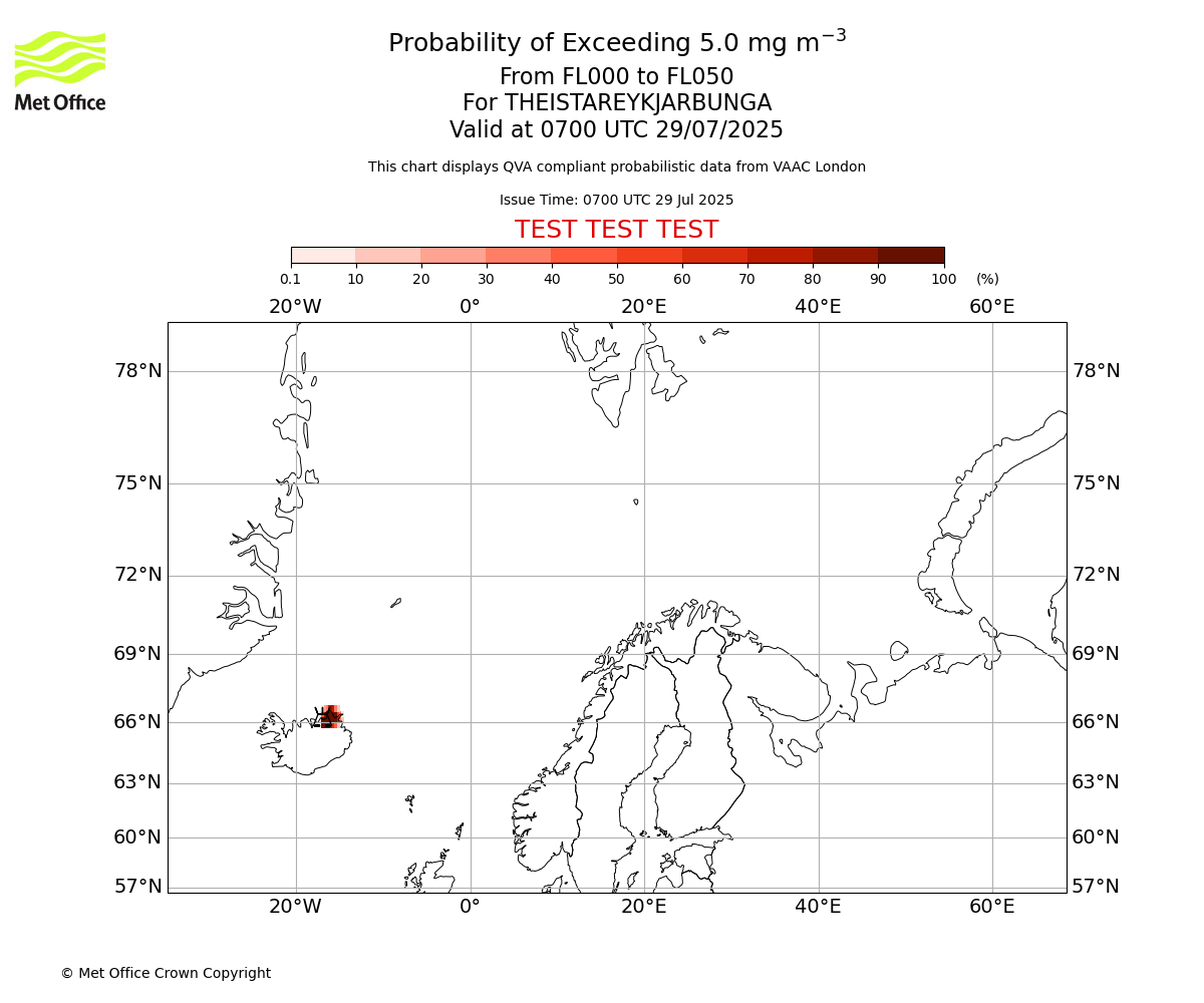 Probability of exceeding 5.0 milligrams per metre cubed. From 000 to 050 for THEISTAREYKJARBUNGA. Valid at 0700 UTC 29/07/2025