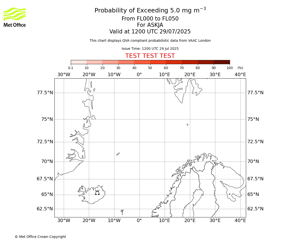 Probability of exceeding 5.0 milligrams per metre cubed. From 000 to 050 for ASKJA. Valid at 1200 UTC 29/07/2025