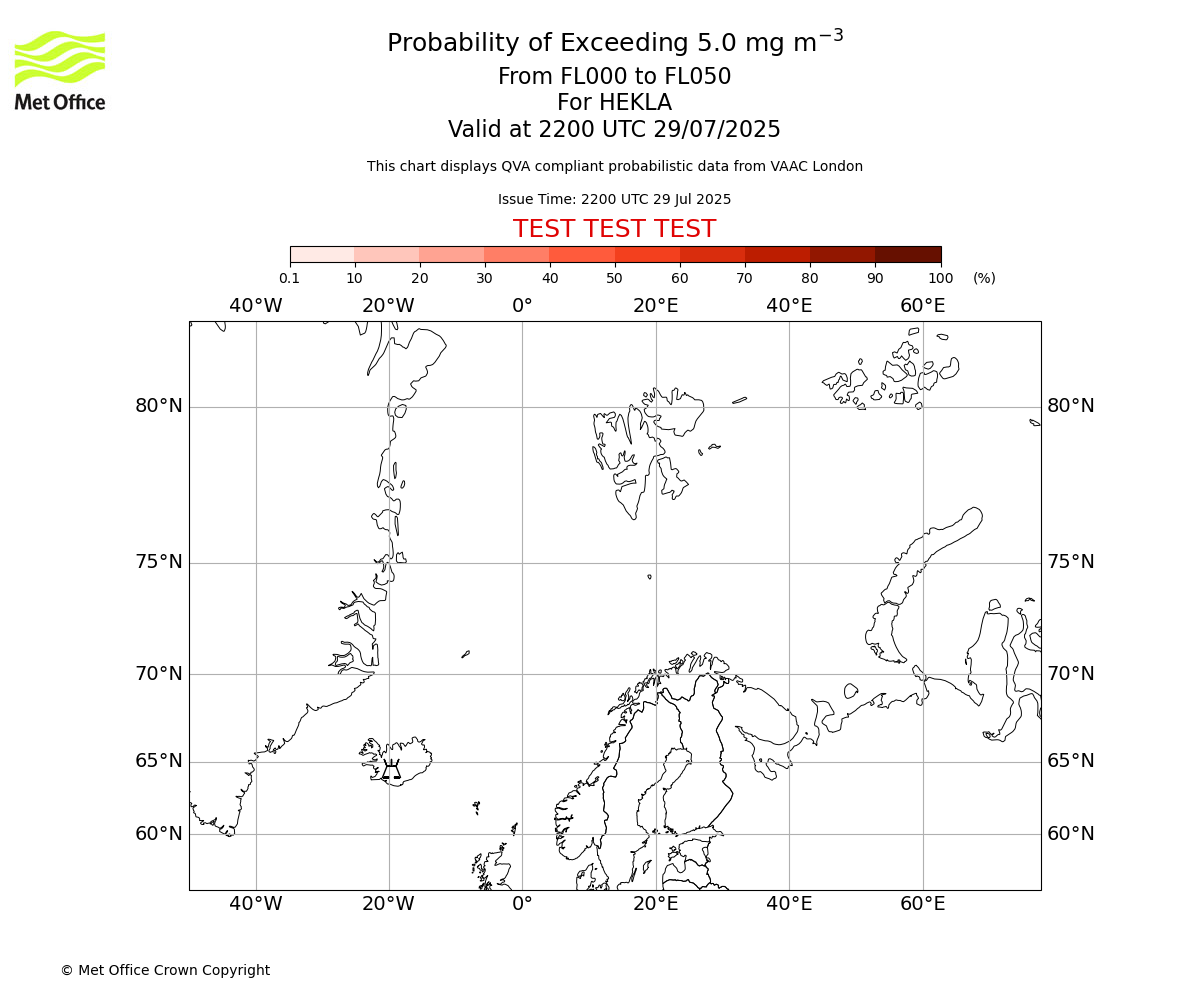 Probability of exceeding 5.0 milligrams per metre cubed. From 000 to 050 for HEKLA. Valid at 2200 UTC 29/07/2025