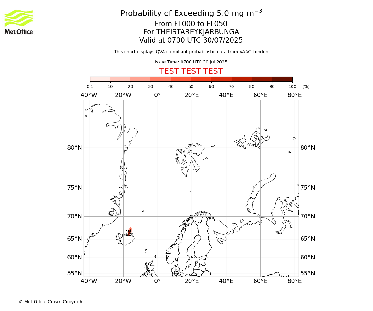 Probability of exceeding 5.0 milligrams per metre cubed. From 000 to 050 for THEISTAREYKJARBUNGA. Valid at 0700 UTC 30/07/2025