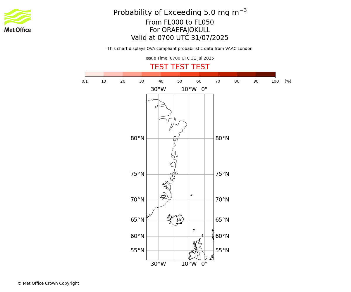 Probability of exceeding 5.0 milligrams per metre cubed. From 000 to 050 for ORAEFAJOKULL. Valid at 0700 UTC 31/07/2025