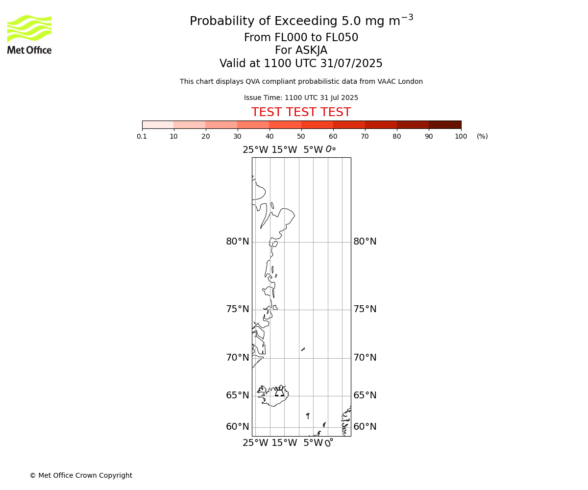 Probability of exceeding 5.0 milligrams per metre cubed. From 000 to 050 for ASKJA. Valid at 1100 UTC 31/07/2025