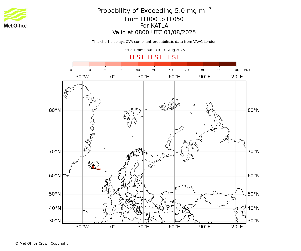 Probability of exceeding 5.0 milligrams per metre cubed. From 000 to 050 for KATLA. Valid at 0800 UTC 01/08/2025