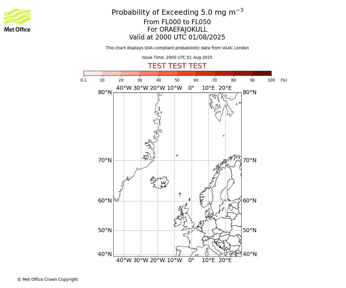 Probability of exceeding 5.0 milligrams per metre cubed. From 000 to 050 for ORAEFAJOKULL. Valid at 2000 UTC 01/08/2025