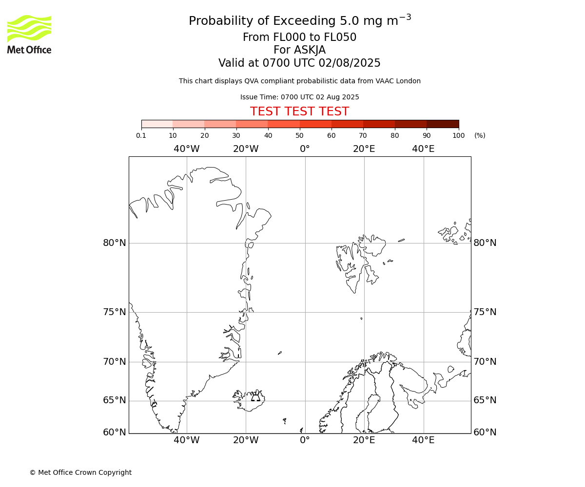 Probability of exceeding 5.0 milligrams per metre cubed. From 000 to 050 for ASKJA. Valid at 0700 UTC 02/08/2025