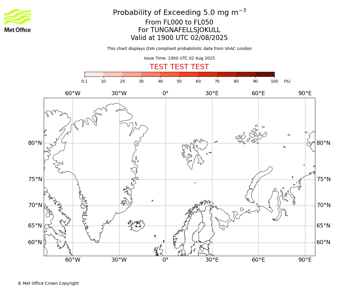 Probability of exceeding 5.0 milligrams per metre cubed. From 000 to 050 for TUNGNAFELLSJOKULL. Valid at 1900 UTC 02/08/2025