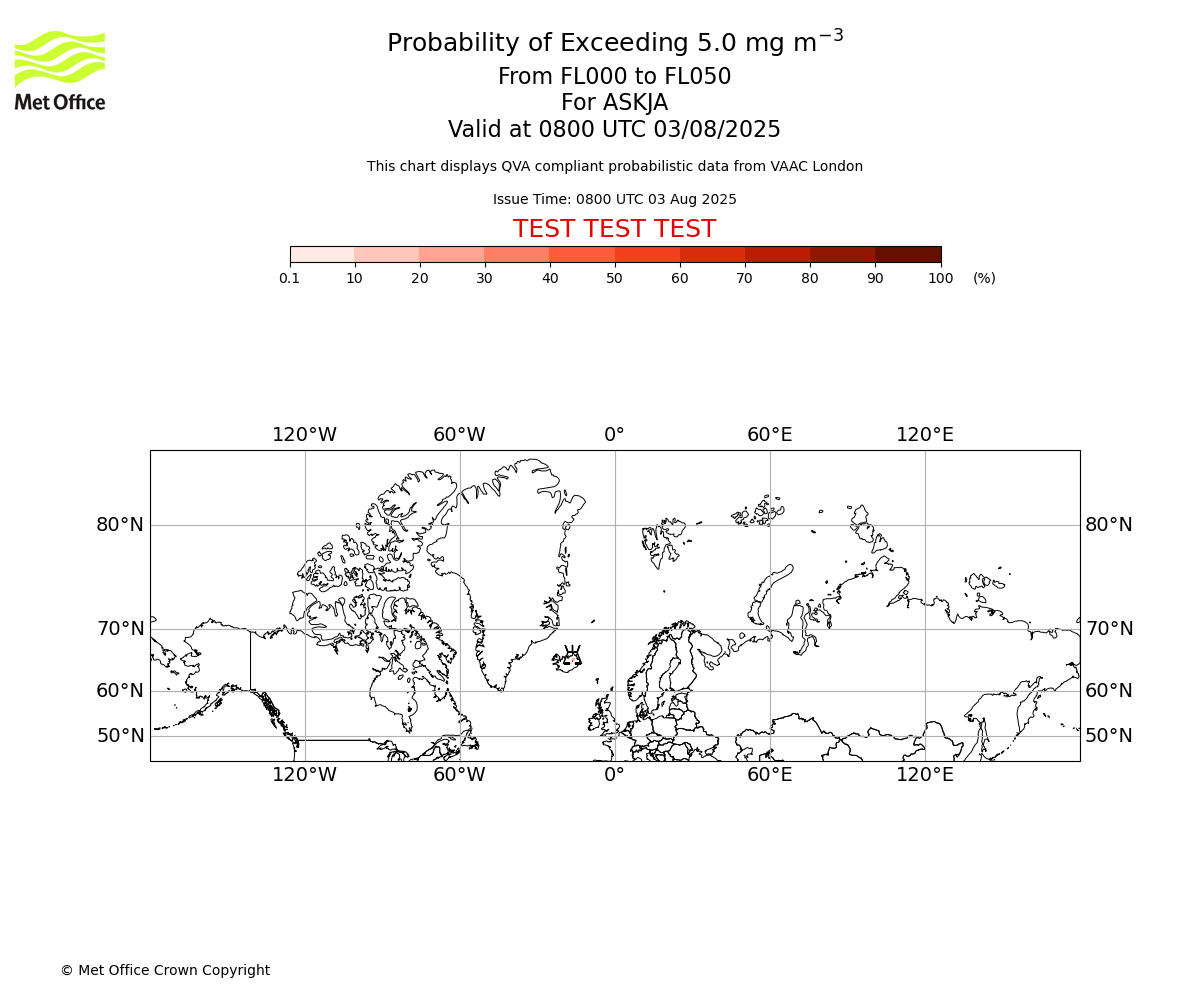 Probability of exceeding 5.0 milligrams per metre cubed. From 000 to 050 for ASKJA. Valid at 0800 UTC 03/08/2025