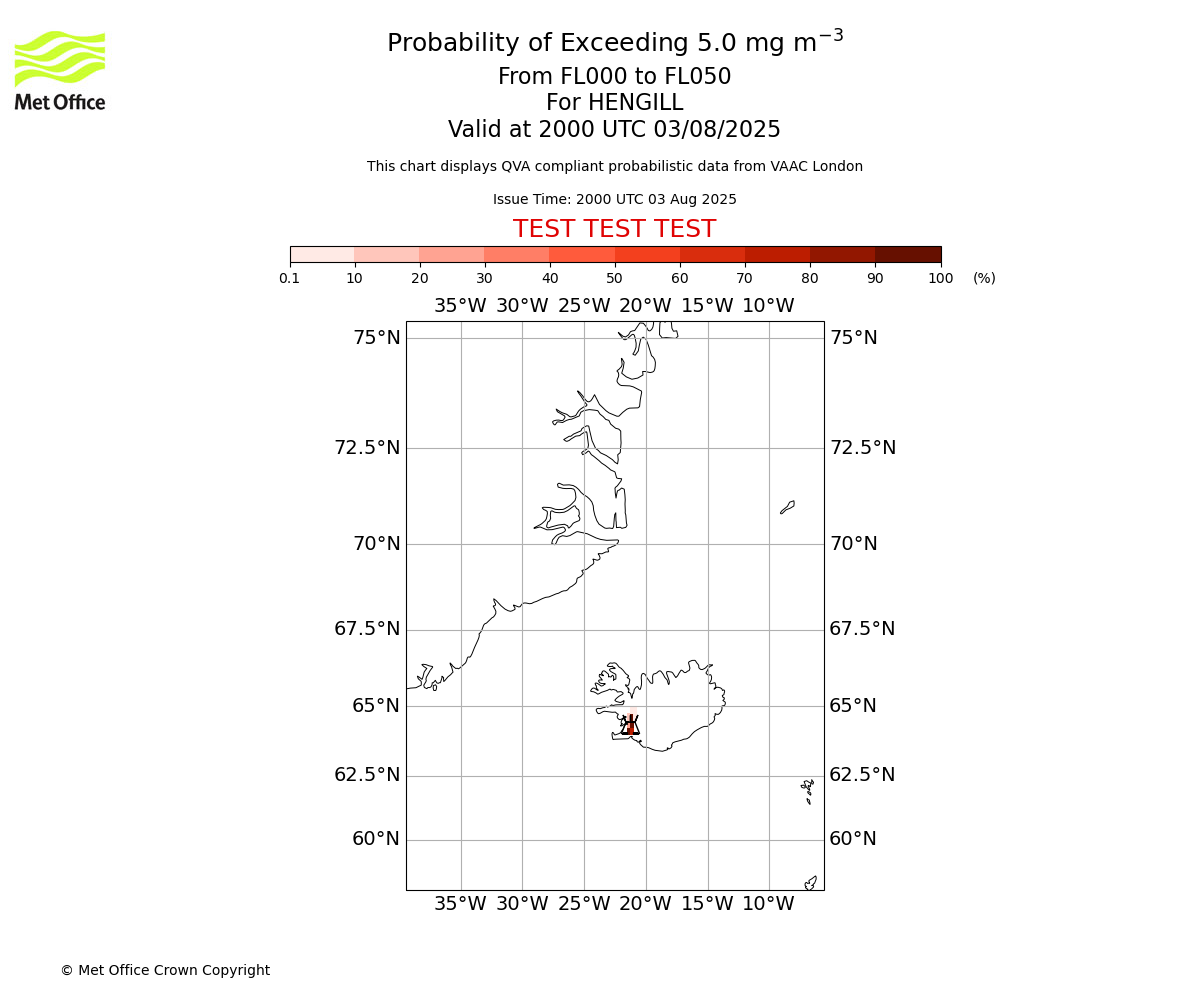 Probability of exceeding 5.0 milligrams per metre cubed. From 000 to 050 for HENGILL. Valid at 2000 UTC 03/08/2025
