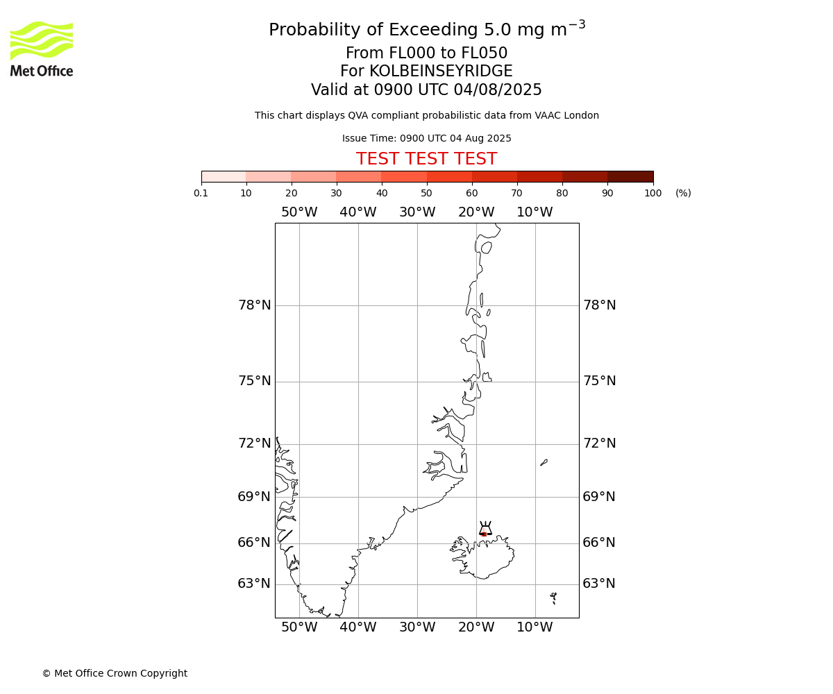 Probability of exceeding 5.0 milligrams per metre cubed. From 000 to 050 for KOLBEINSEYRIDGE. Valid at 0900 UTC 04/08/2025