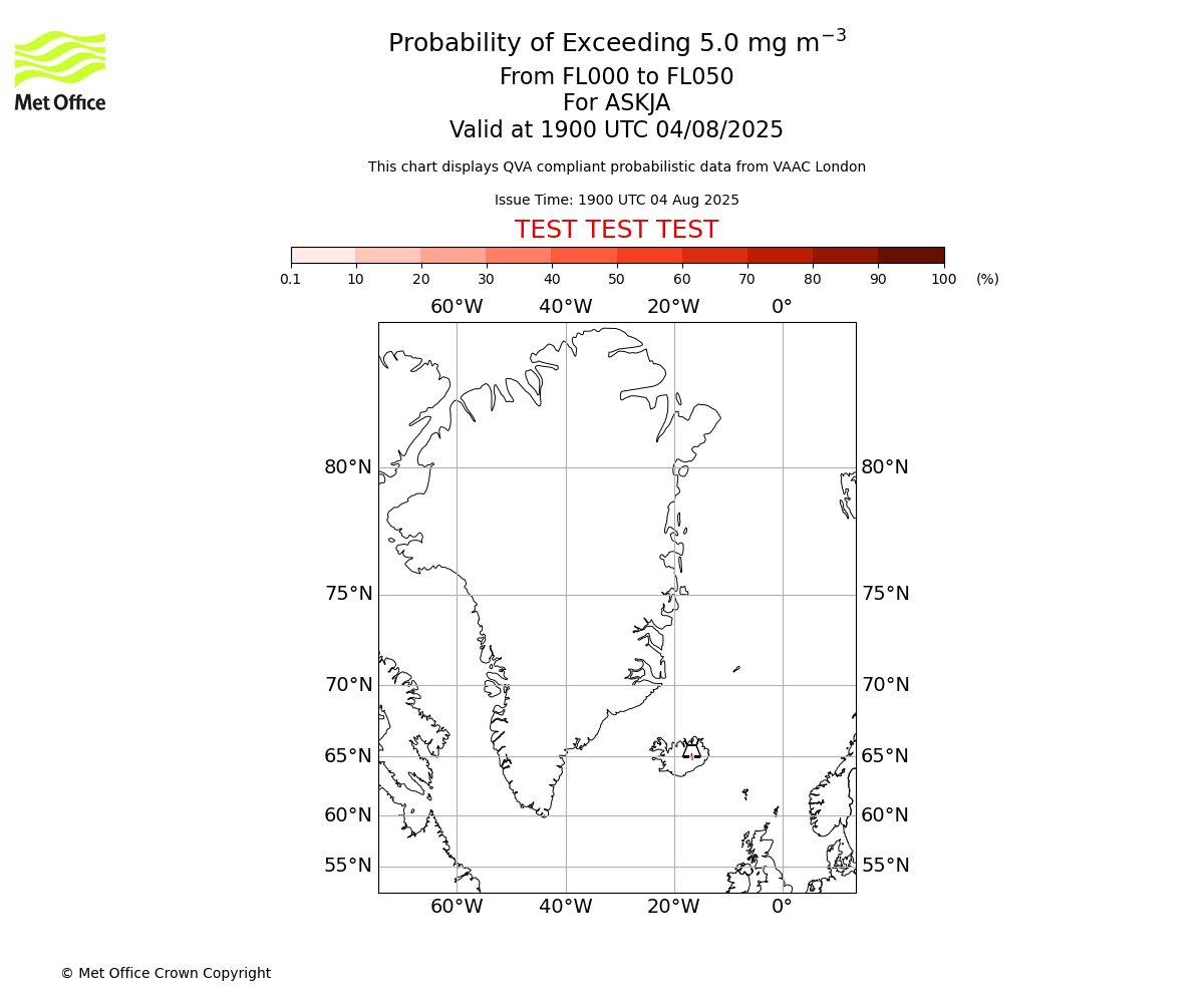 Probability of exceeding 5.0 milligrams per metre cubed. From 000 to 050 for ASKJA. Valid at 1900 UTC 04/08/2025