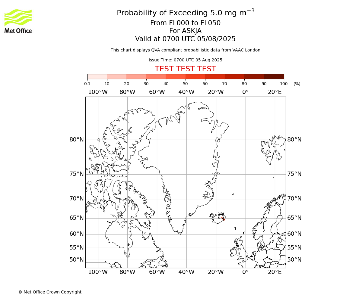 Probability of exceeding 5.0 milligrams per metre cubed. From 000 to 050 for ASKJA. Valid at 0700 UTC 05/08/2025