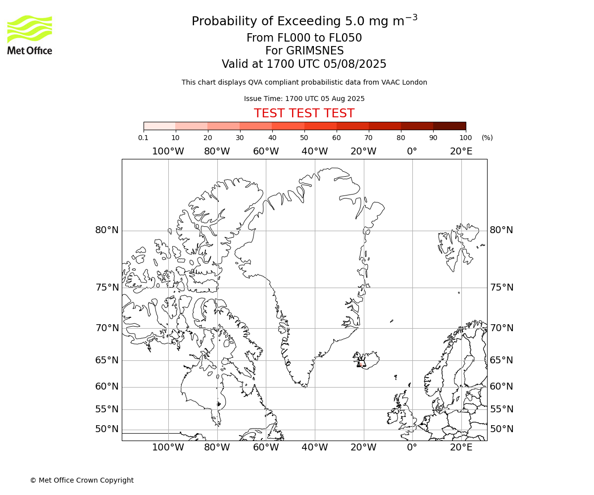 Probability of exceeding 5.0 milligrams per metre cubed. From 000 to 050 for GRIMSNES. Valid at 1700 UTC 05/08/2025
