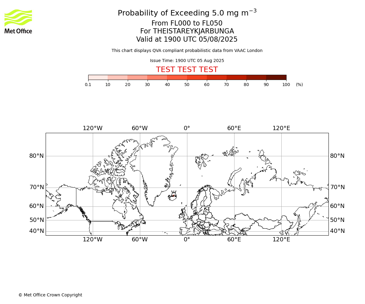 Probability of exceeding 5.0 milligrams per metre cubed. From 000 to 050 for THEISTAREYKJARBUNGA. Valid at 1900 UTC 05/08/2025