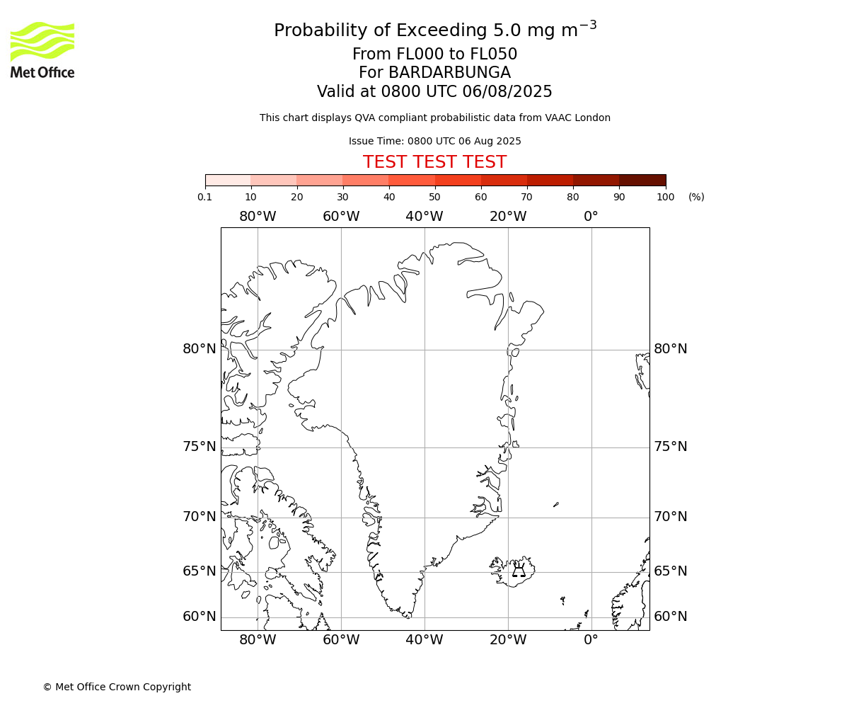 Probability of exceeding 5.0 milligrams per metre cubed. From 000 to 050 for BARDARBUNGA. Valid at 0800 UTC 06/08/2025
