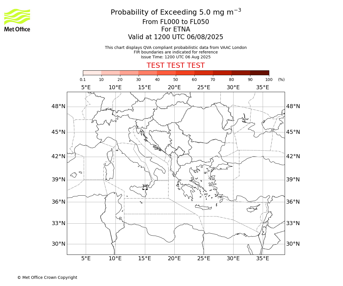 Probability of exceeding 5.0 milligrams per metre cubed. From 000 to 050 for ETNA. Valid at 1200 UTC 06/08/2025