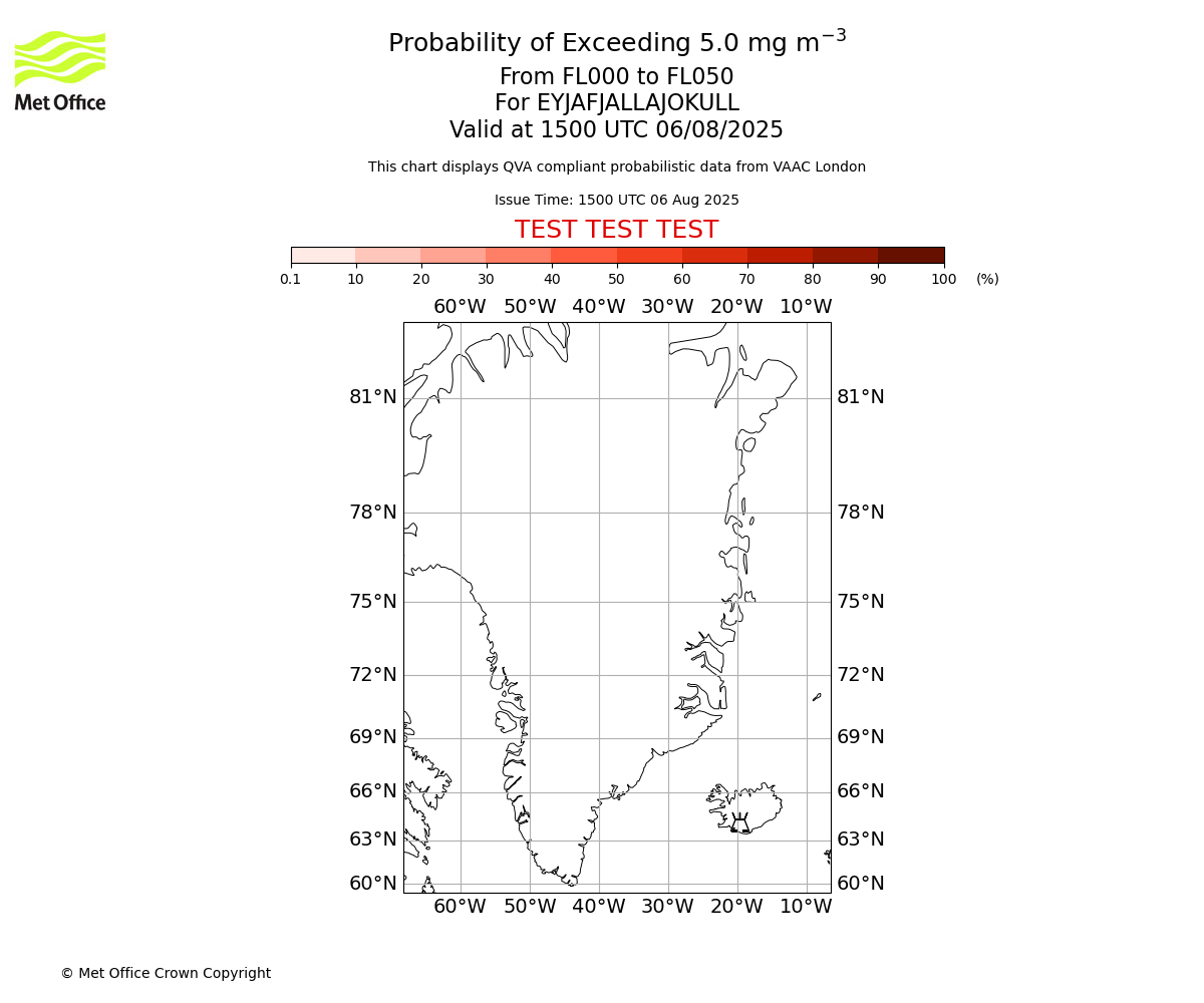Probability of exceeding 5.0 milligrams per metre cubed. From 000 to 050 for EYJAFJALLAJOKULL. Valid at 1500 UTC 06/08/2025