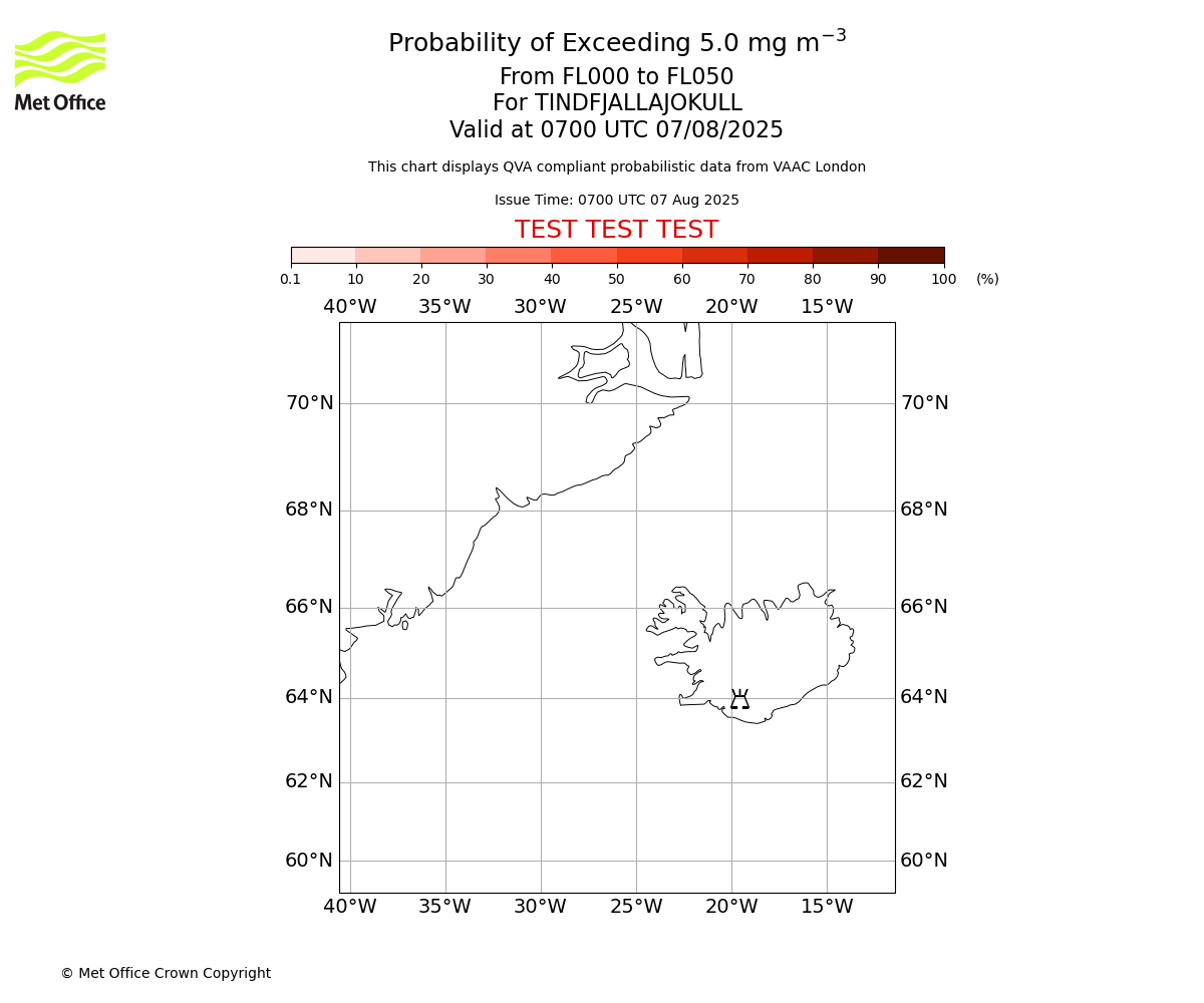 Probability of exceeding 5.0 milligrams per metre cubed. From 000 to 050 for TINDFJALLAJOKULL. Valid at 0700 UTC 07/08/2025