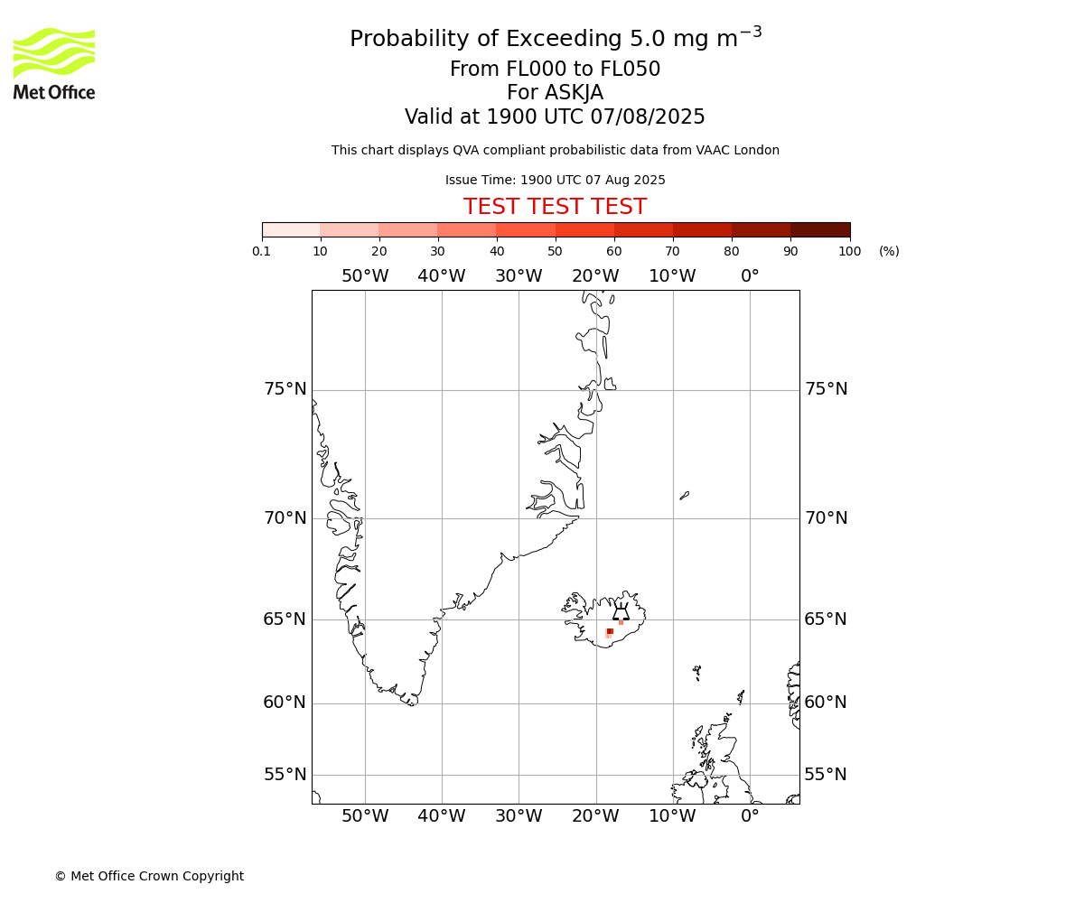 Probability of exceeding 5.0 milligrams per metre cubed. From 000 to 050 for ASKJA. Valid at 1900 UTC 07/08/2025