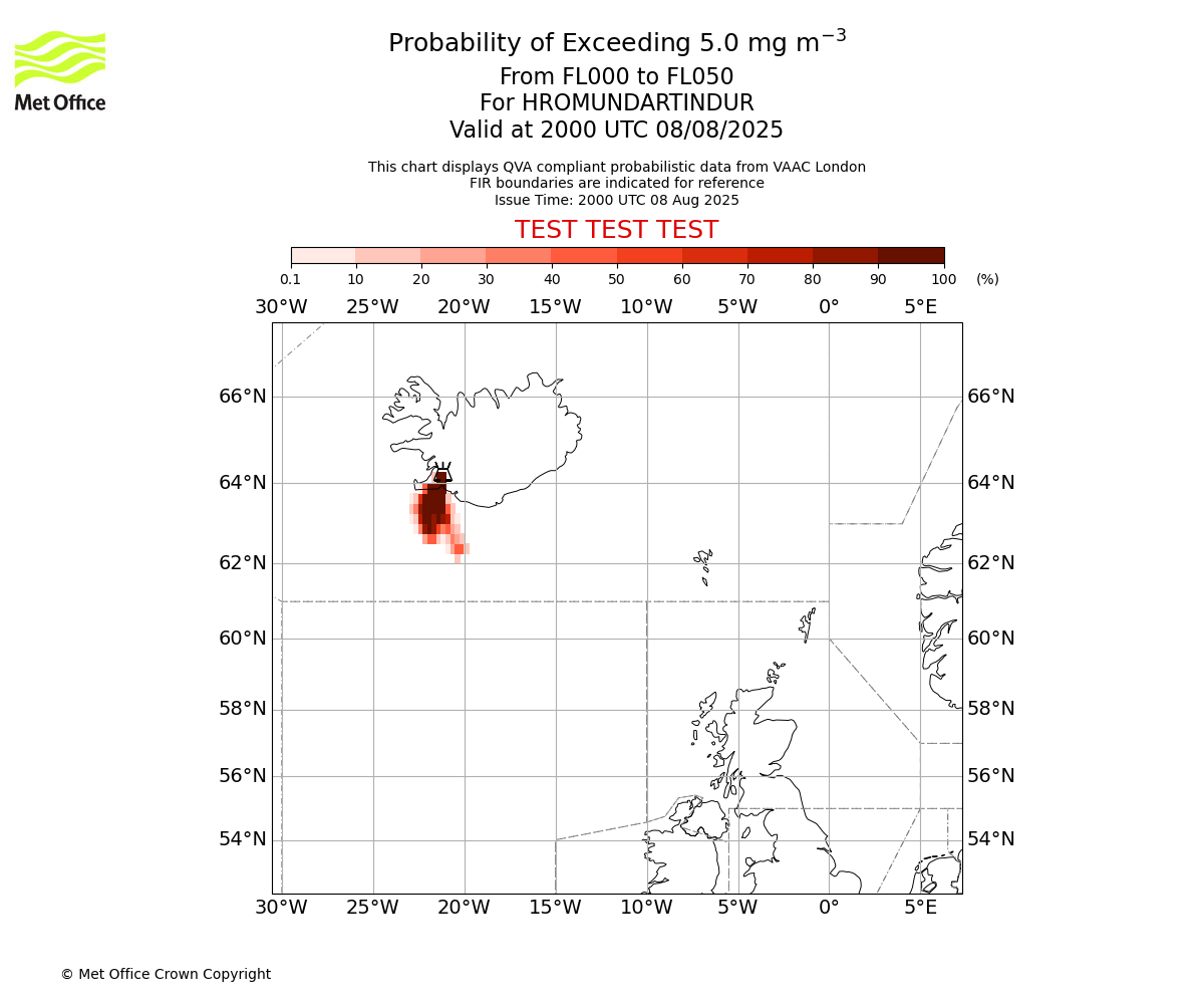 Probability of exceeding 5.0 milligrams per metre cubed. From 000 to 050 for HROMUNDARTINDUR. Valid at 2000 UTC 08/08/2025