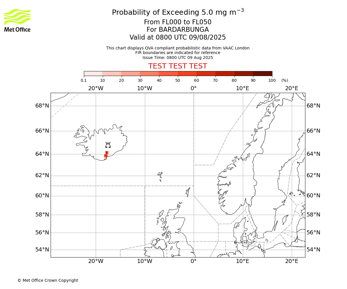 Probability of exceeding 5.0 milligrams per metre cubed. From 000 to 050 for BARDARBUNGA. Valid at 0800 UTC 09/08/2025