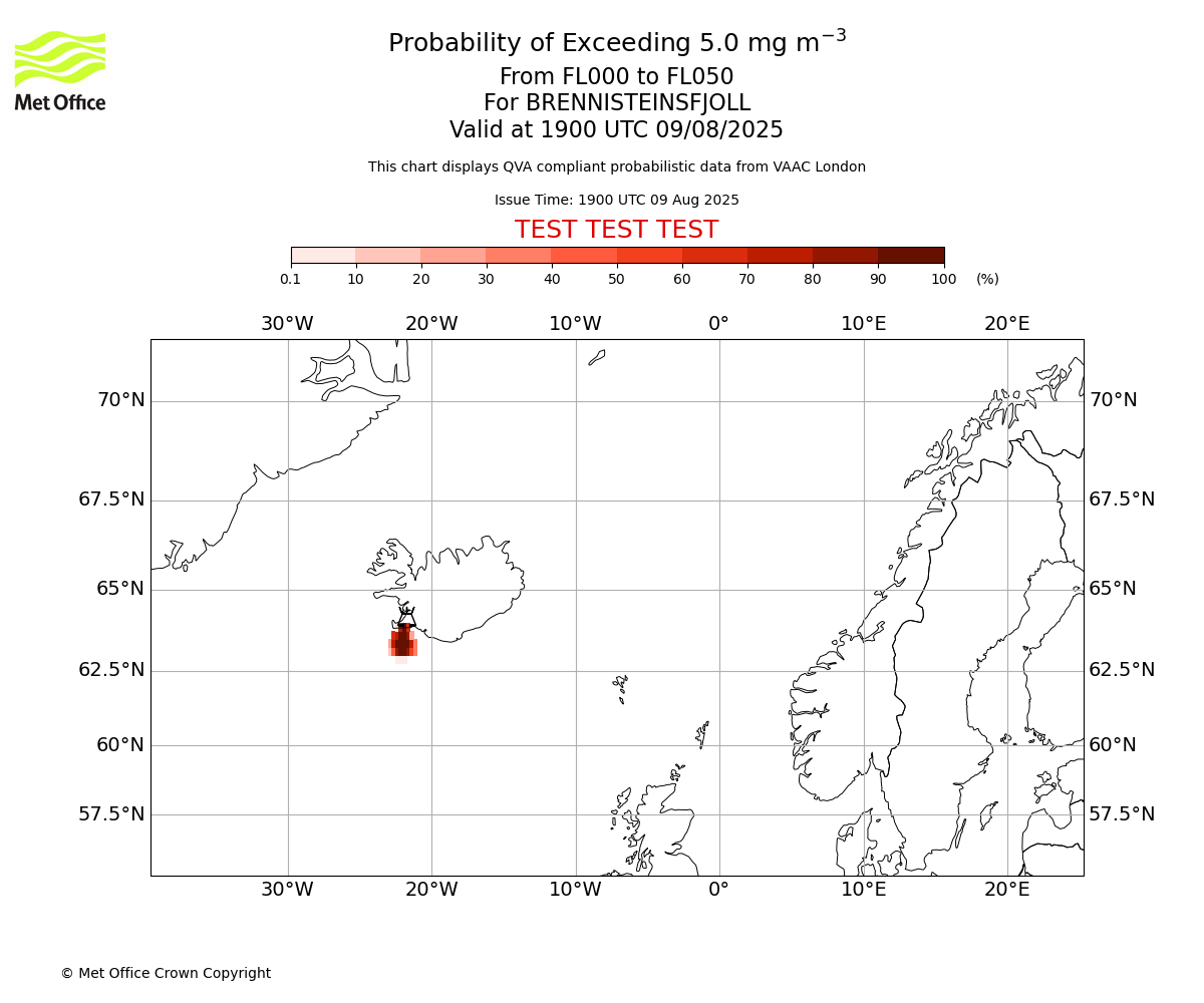 Probability of exceeding 5.0 milligrams per metre cubed. From 000 to 050 for BRENNISTEINSFJOLL. Valid at 1900 UTC 09/08/2025