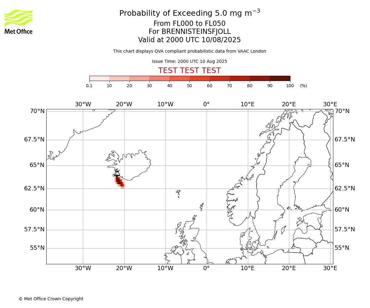 Probability of exceeding 5.0 milligrams per metre cubed. From 000 to 050 for BRENNISTEINSFJOLL. Valid at 2000 UTC 10/08/2025