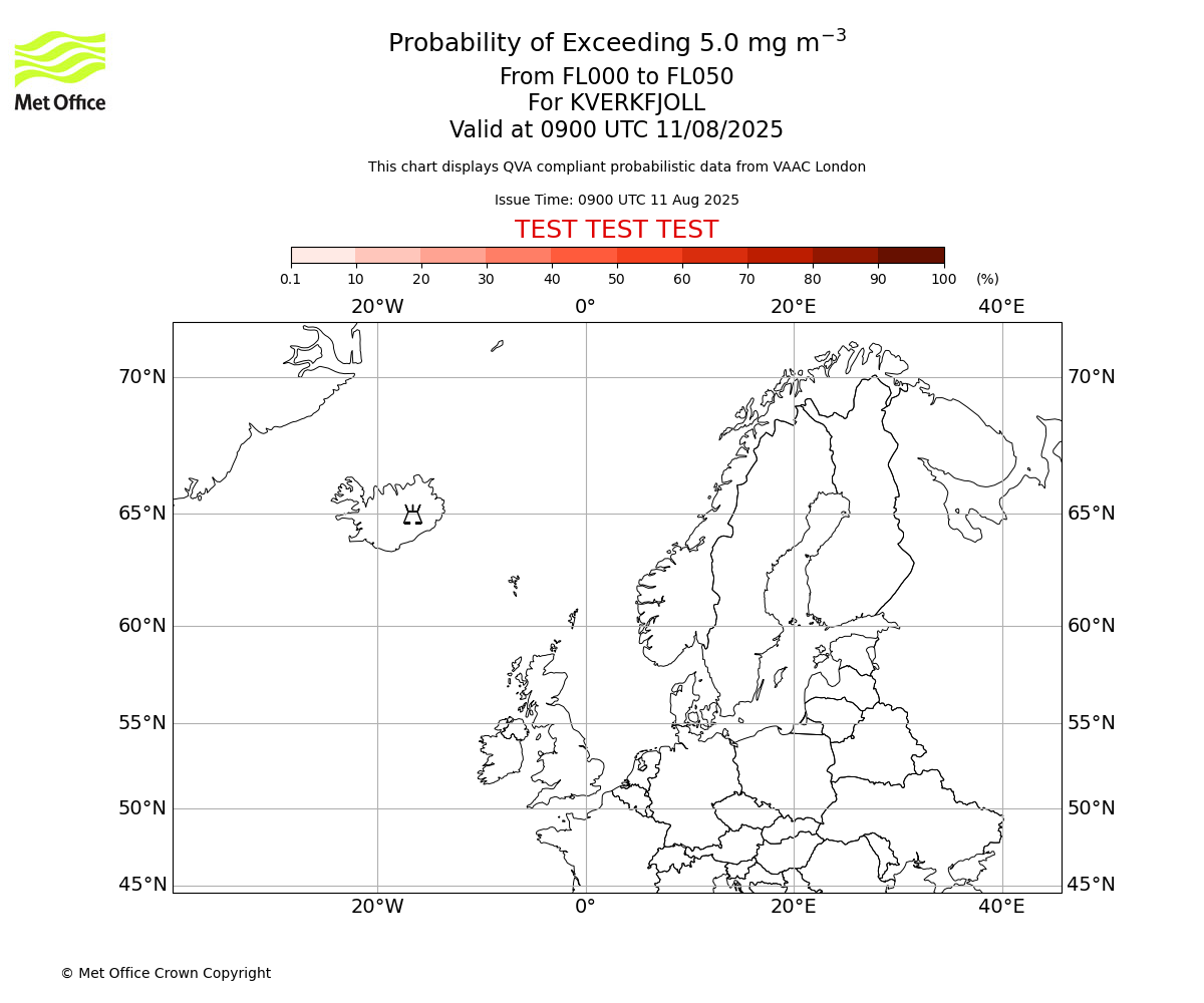 Probability of exceeding 5.0 milligrams per metre cubed. From 000 to 050 for KVERKFJOLL. Valid at 0900 UTC 11/08/2025