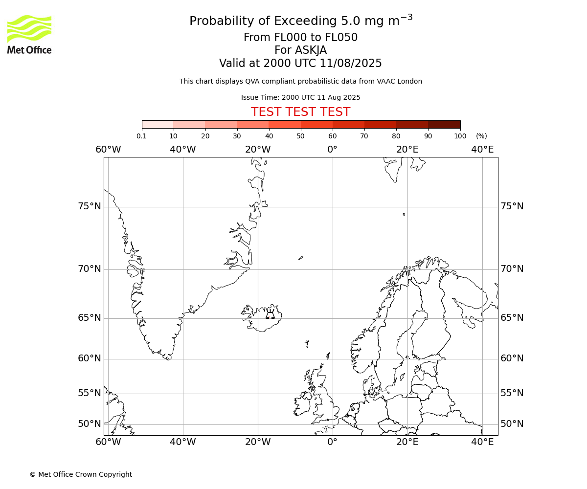 Probability of exceeding 5.0 milligrams per metre cubed. From 000 to 050 for ASKJA. Valid at 2000 UTC 11/08/2025