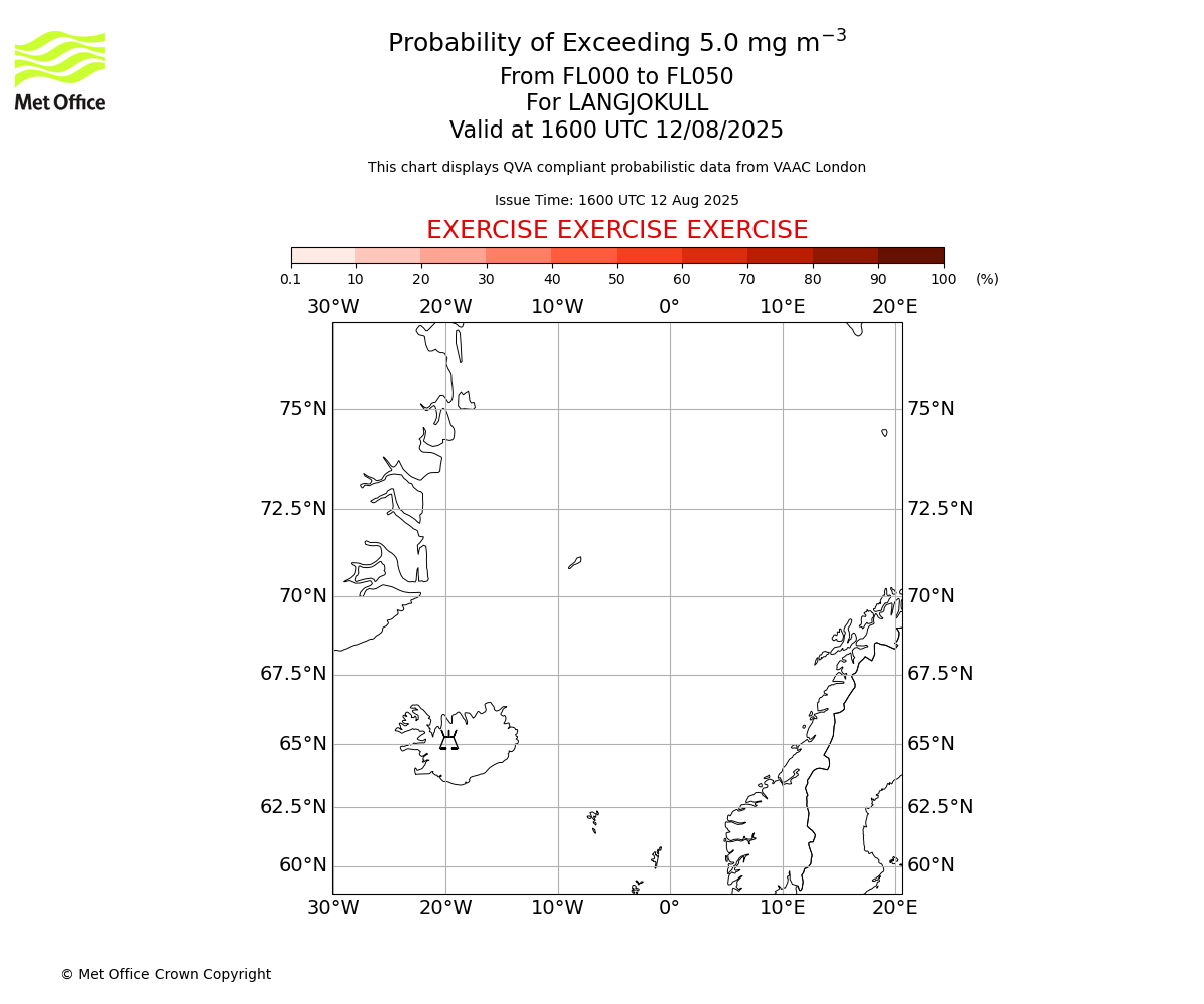 Probability of exceeding 5.0 milligrams per metre cubed. From 000 to 050 for LANGJOKULL. Valid at 1600 UTC 12/08/2025