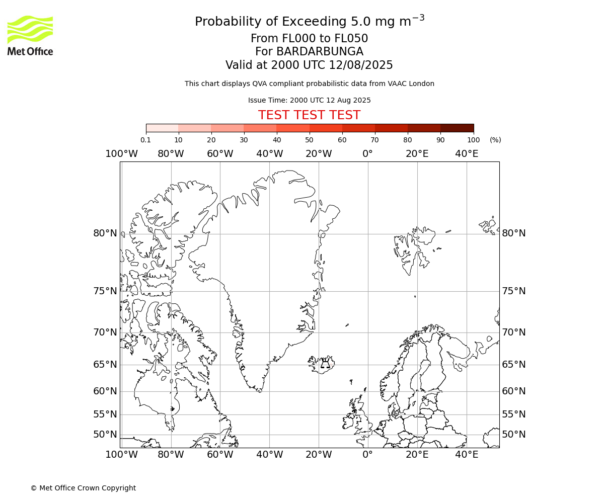 Probability of exceeding 5.0 milligrams per metre cubed. From 000 to 050 for BARDARBUNGA. Valid at 2000 UTC 12/08/2025