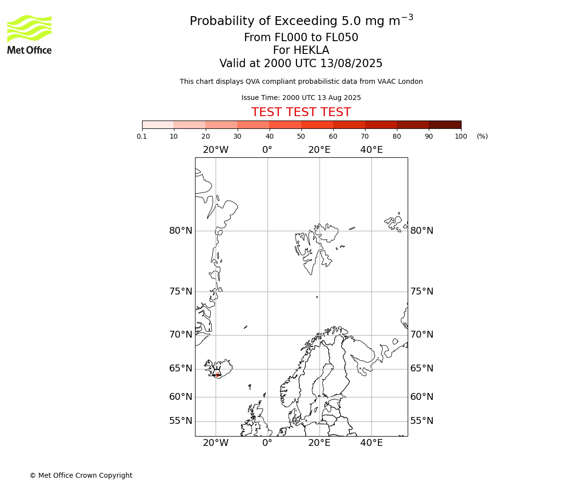 Probability of exceeding 5.0 milligrams per metre cubed. From 000 to 050 for HEKLA. Valid at 2000 UTC 13/08/2025